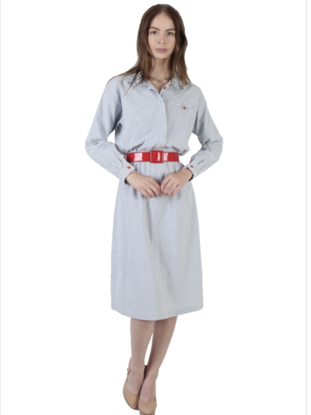 Breli Originals Chambray Blue Striped Vintage Dress W/Red Buttons, Belt